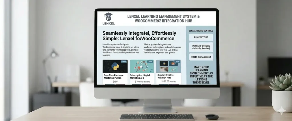 E-commerce integration visual showing WooCommerce payment processing and course pricing management for Lenxel LMS.
