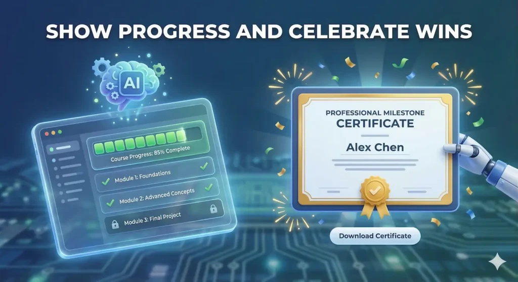A digital illustration with the title "SHOW PROGRESS AND CELEBRATE WINS" at the top. On the left, a glowing tablet interface shows "Course Progress: 85% Complete" with a green progress bar. Below it, "Module 1: Foundations" and "Module 2: Advanced Concepts" are marked with green checkmarks, while "Module 3: Final Project" is locked. An AI brain icon floats above the tablet. On the right, a robotic hand holds a framed "PROFESSIONAL MILESTONE CERTIFICATE" awarded to "Alex Chen," with a gold seal and ribbon, surrounded by confetti. Below the certificate is a "Download Certificate" button. The background is a blue circuit board pattern.