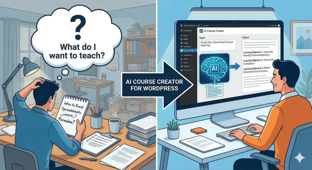 A split-screen illustration titled 'AI Course Creator for WordPress' comparing manual course planning with AI automation. The left side shows a frustrated creator at a cluttered desk with a thought bubble asking 'What do I want to teach?' and a notebook labeled 'Intro to Excel.' An arrow points to the right side, showing a satisfied professional at a clean workstation using an 'AI Course Creator.' The screen shows a rough idea for 'Automating Financial Reporting' being transformed into structured learning objectives, including 'Automate Monthly Financial Reporting' and 'Ensure HR Compliance.