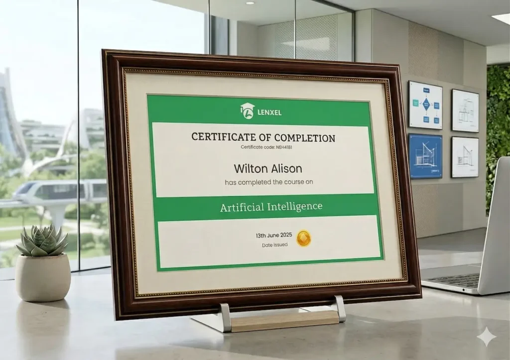 Digital course completion certificate graphic representing automated student rewards and recognition in Lenxel LMS.