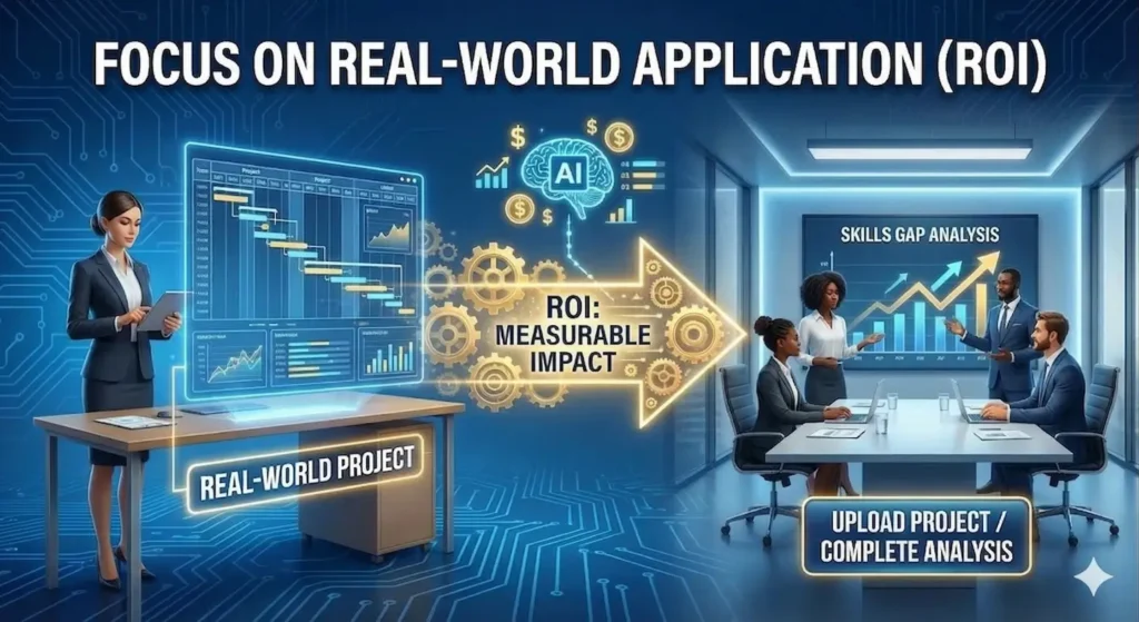 A digital illustration titled "FOCUS ON REAL-WORLD APPLICATION (ROI)" at the top. On the left, a woman in business attire stands at a desk, holding a tablet and looking at a holographic screen labeled "REAL-WORLD PROJECT" with data and a timeline. A glowing arrow made of gears and dollar signs, with an AI brain icon above it, points from the left to the right, with the text "ROI: MEASURABLE IMPACT" inside. The arrow points to a conference room on the right where a diverse team of four professionals discusses a large screen labeled "SKILLS GAP ANALYSIS" displaying growth charts. Below the screen is a button labeled "UPLOAD PROJECT / COMPLETE ANALYSIS." The entire scene is set against a blue background with a circuit board pattern.