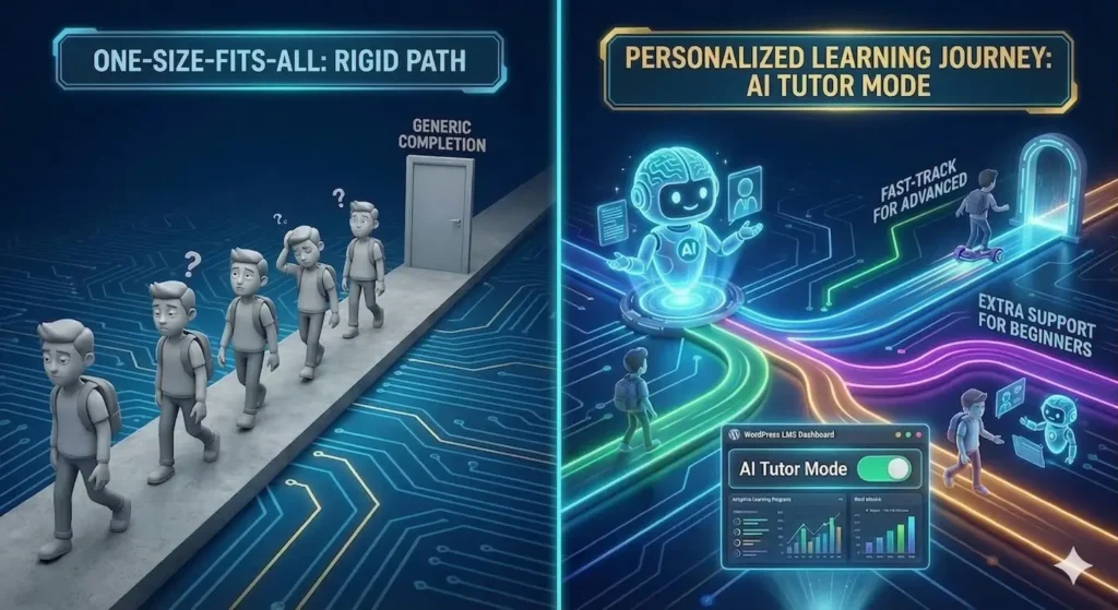 A split-screen 3D illustration titled 'Personalize the Learning Journey with AI.' The left side, 'One-Size-Fits-All: Rigid Path,' shows identical grey student avatars walking a dull, straight path toward a door labeled 'Generic Completion,' looking confused. The right side, 'Personalized Learning Journey: AI Tutor Mode,' features a friendly, glowing AI robot branching out vibrant neon paths for different learners. One path is labeled 'Fast-Track for Advanced' and features a student on a hoverboard; another is labeled 'Extra Support for Beginners' showing a student with an AI assistant. A 'WordPress LMS Dashboard' at the bottom shows 'AI Tutor Mode' toggled on with engagement analytics.