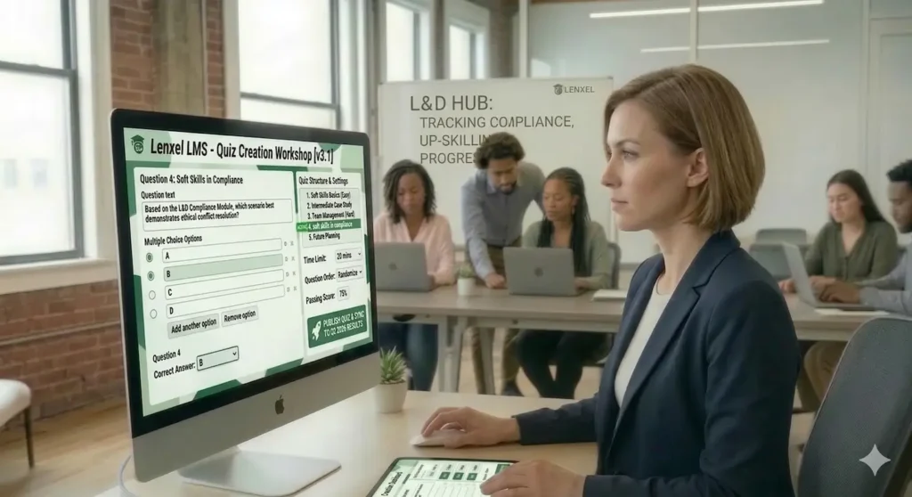 Interactive student dashboard showing progress tracking, quiz modules, and assignment management within Lenxel LMS.