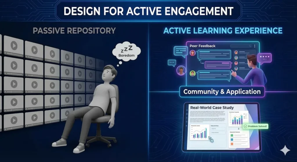 Infographic titled 'DESIGN FOR ACTIVE ENGAGEMENT' contrasting a 'Passive Repository' with an 'Active Learning Experience'. The left side, in dull gray, shows a bored person sleeping in front of a wall of video icons with a thought bubble saying 'Boredom'. The right side, in neon blue and purple, shows an engaged person interacting with digital interfaces for 'Peer Feedback' and a 'Real-World Case Study' on a tablet, with a 'Problem Solved!' notification. The section is labeled 'Community & Application'.