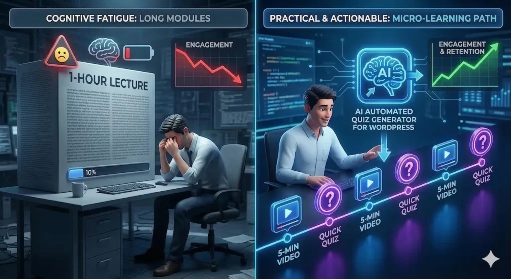 A split-screen 3D illustration titled 'Cognitive Fatigue vs. Practical & Actionable Micro-learning.' The left side shows a frustrated student overwhelmed by a massive '1-Hour Lecture' text block, a low battery icon, and a red declining engagement graph. The right side shows a happy, refreshed student following a 'Micro-learning Path' consisting of a sequence of 5-minute videos followed immediately by 'Quick Quizzes.' A glowing blue AI brain icon, labeled 'AI Automated Quiz Generator for WordPress,' is shown placing the quiz markers, resulting in a green rising graph for engagement and retention.