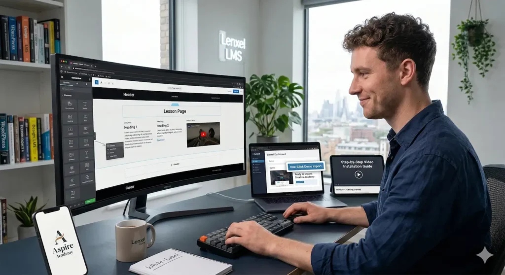 Customizable WordPress course landing page design interface showing Elementor integration with Lenxel LMS.