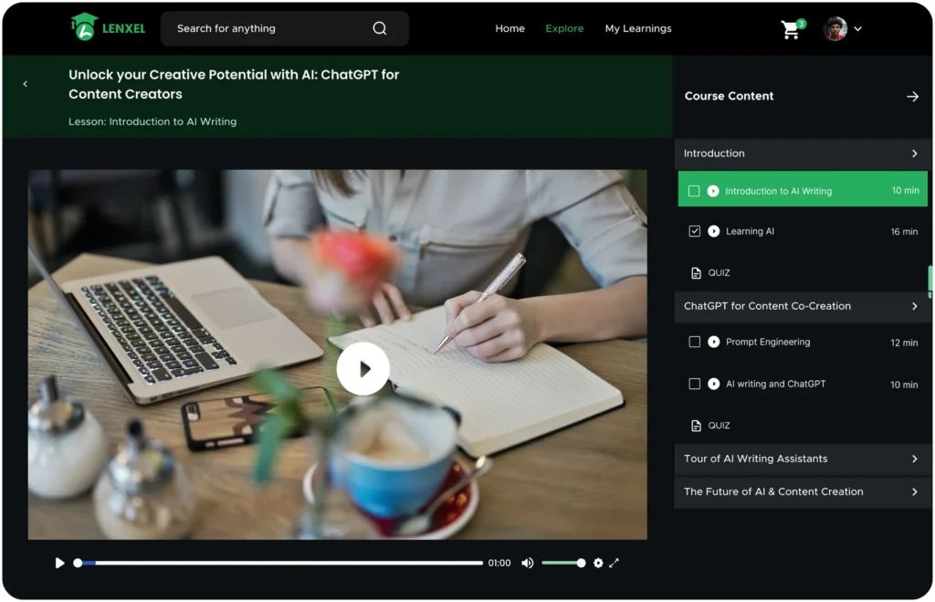 A screenshot of the Lenxel LMS course player interface titled 'Unlock your Creative Potential with AI.' It features a central video player and a sidebar menu displaying a microlearning-optimized curriculum with lessons ranging from 10 to 16 minutes and integrated quizzes.