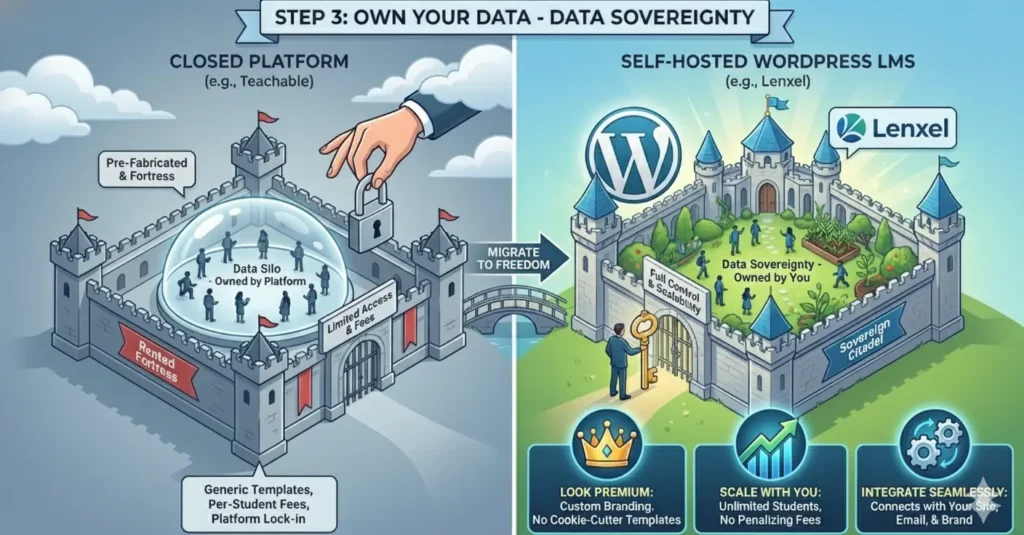 A split-screen infographic titled 'Step 3: Own Your Data - Data Sovereignty'. The left side shows a 'Closed Platform (e.g., Teachable)' as a grey 'Rented Fortress' where a hand locks a padlock on students trapped in a 'Data Silo'. It lists drawbacks like 'Generic Templates,' 'Per-Student Fees,' and 'Platform Lock-in'. An arrow labeled 'Migrate to Freedom' points to the right side, showing a 'Self-Hosted WordPress LMS (e.g., Lenxel)' as a bright 'Sovereign Citadel' where a user holds a key to their own data. Benefits listed include 'Look Premium,' 'Scale With You' (unlimited students), and 'Integrate Seamlessly' with site, email, and brand