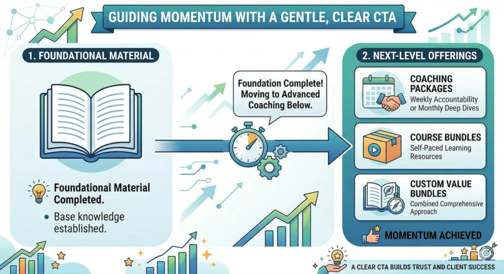 Infographic on using clear CTAs to guide clients from foundational material to advanced offerings.