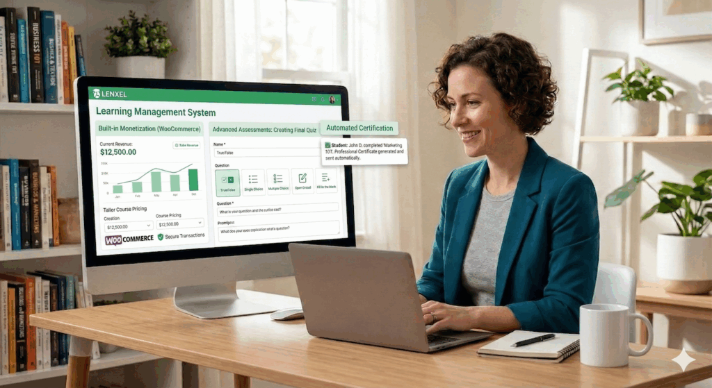 Course creator using Lenxel LMS dashboard featuring built-in WooCommerce monetization revenue graphs, advanced assessment creation tools, and automated student certification notifications.