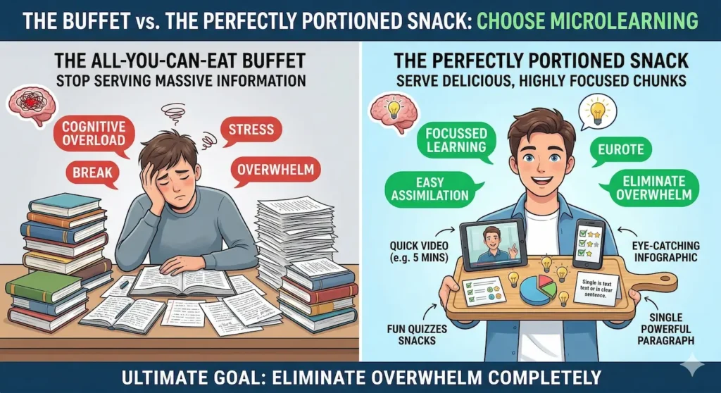 An infographic titled 'The Buffet vs. The Perfectly Portioned Snack.' The left side illustrates 'The All-You-Can-Eat Buffet' with a student stressed by piles of books and cognitive overload. The right side shows 'The Perfectly Portioned Snack' with a happy student holding a tray of bite-sized learning tools like 5-minute videos, quizzes, and single paragraphs.
