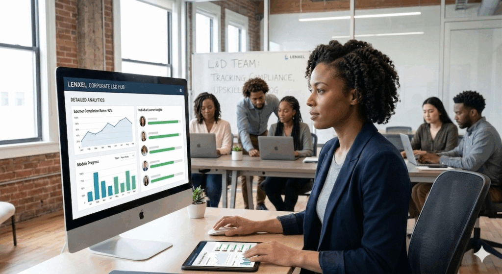 Corporate L&D manager using Lenxel LMS central hub to track compliance and upskilling, viewing a dashboard with detailed analytics on learner progress and completion rates.