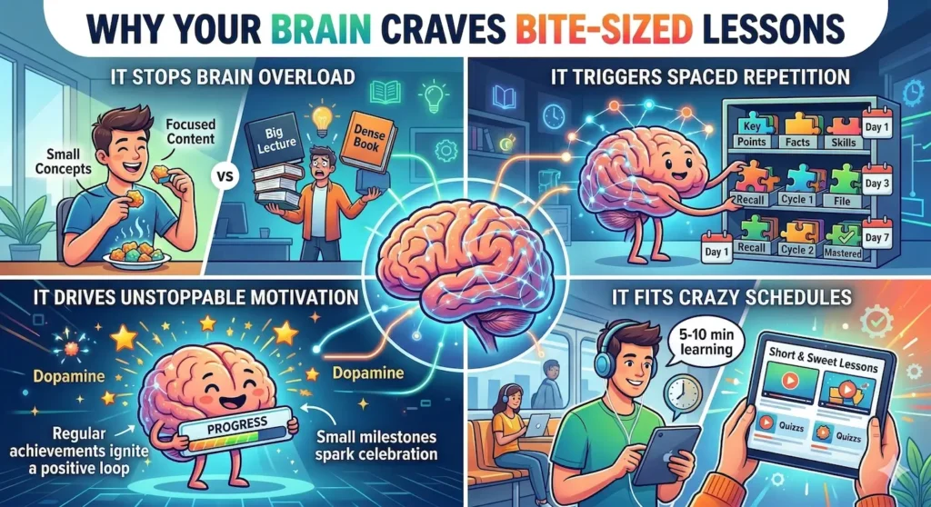 An infographic titled 'Why Your Brain Craves Bite-Sized Lessons' divided into four quadrants. It illustrates how microlearning stops brain overload, triggers spaced repetition for better recall, drives motivation through dopamine and small milestones, and fits into busy schedules.