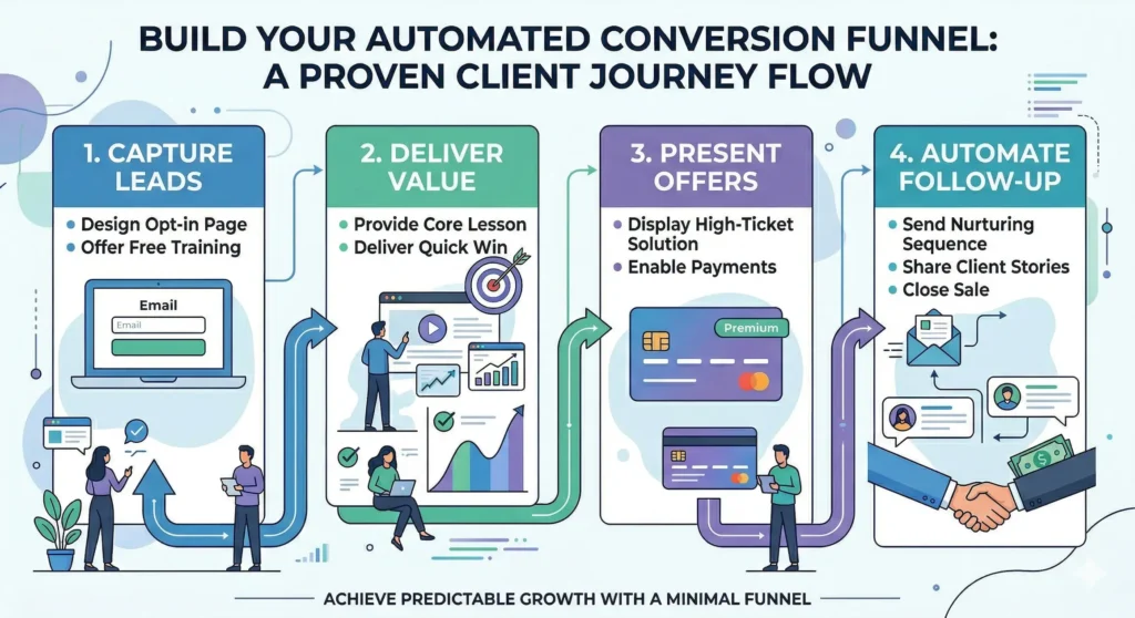 4-step infographic detailing an automated conversion funnel for a proven client journey flow.
