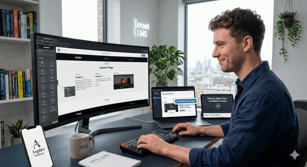 Web developer customizing a Lenxel LMS site using the Elementor drag-and-drop builder to design a lesson page, with a laptop displaying the one-click demo import feature and a tablet showing a step-by-step installation guide.
