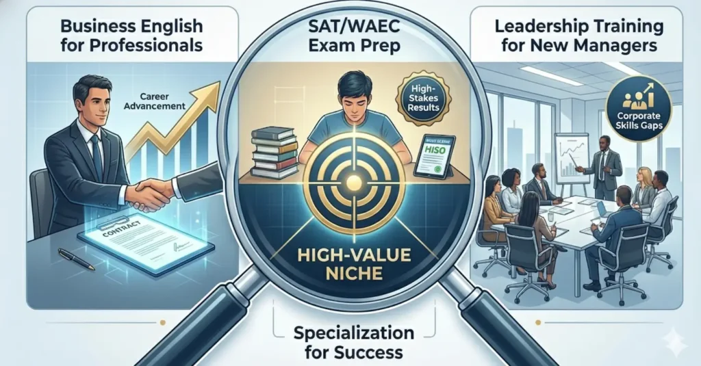 An infographic titled 'Identify Your High-Value Niche' highlighting specialization for success in online teaching. It features a central magnifying glass focusing on a target labeled 'High-Value Niche' and 'Specialization for Success,' surrounded by three examples: 'Business English for Professionals' for career advancement, 'SAT/WAEC Exam Prep' for high-stakes results, and 'Leadership Training for New Managers' targeting corporate skills gaps.
