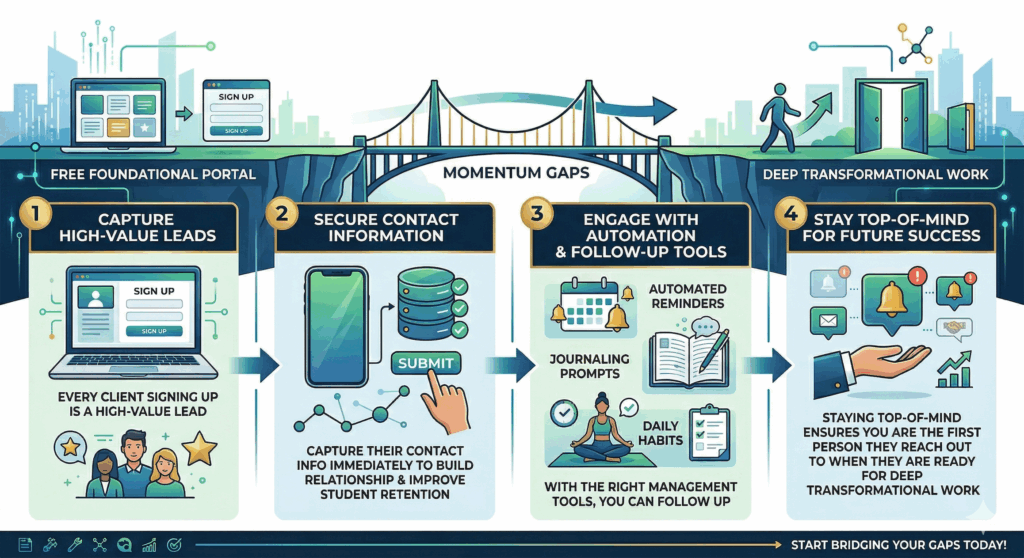 4-step infographic bridging momentum gaps from lead capture to deep transformational work.