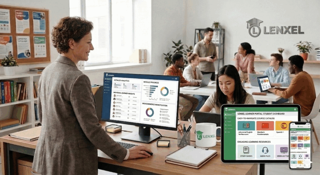 Lenxel LMS for schools and language centers featuring an instructor managing a diverse student body via a dedicated dashboard, with tablet and mobile screens displaying the easy-to-navigate course catalog and engaging learning resources.