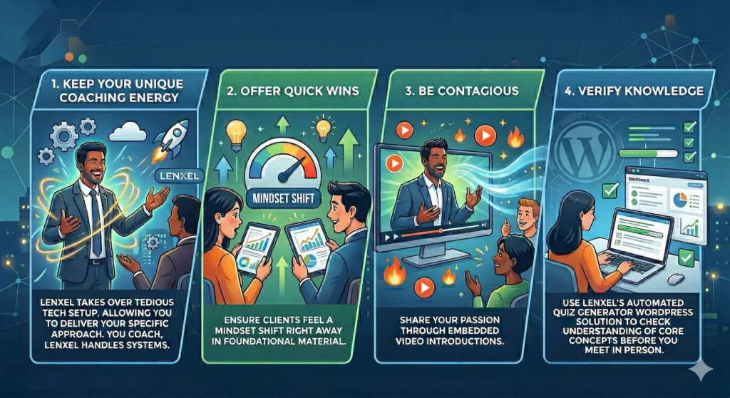 4-step infographic on how Lenxel automates coaching tech to engage clients and verify knowledge.