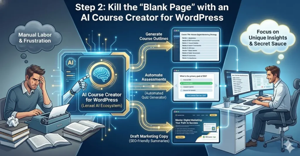 An infographic titled 'Step 2: Kill the "Blank Page" with an AI Course Creator for WordPress.' On the left, a frustrated person works at a typewriter under a 'Manual Labor & Frustration' thought bubble. In the center, the 'Lenxel AI Ecosystem' uses a robotic arm and brain icon to automate tasks. Arrows point to three digital displays: 'Generate Course Outlines,' 'Automate Assessments (Automated Quiz Generator),' and 'Draft Marketing Copy.' On the right, a smiling professional works at a modern computer desk under a thought bubble that reads 'Focus on Unique Insights & Secret Sauce.