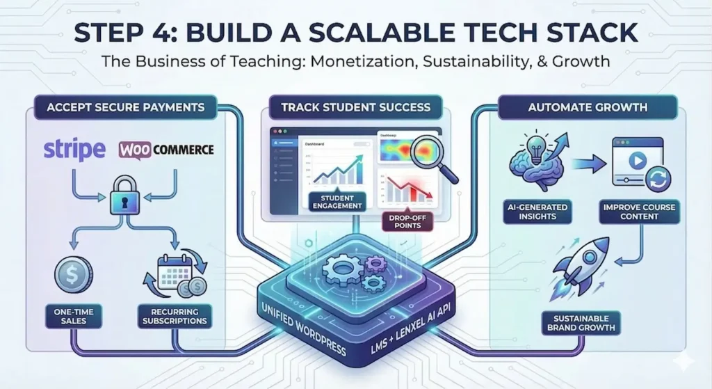 An infographic titled 'Step 4: Build a Scalable Tech Stack – The Business of Teaching: Monetization, Sustainability, & Growth.' A central circuit board labeled 'Unified WordPress: LMS + Lenxel AI API' connects to three sections. The first, 'Accept Secure Payments,' features Stripe and WooCommerce logos with icons for one-time sales and recurring subscriptions. The second, 'Track Student Success,' shows a dashboard with engagement charts, heatmaps, and drop-off points. The third, 'Automate Growth,' shows a process where AI-generated insights lead to improved course content and a rocket icon symbolizing sustainable brand growth.