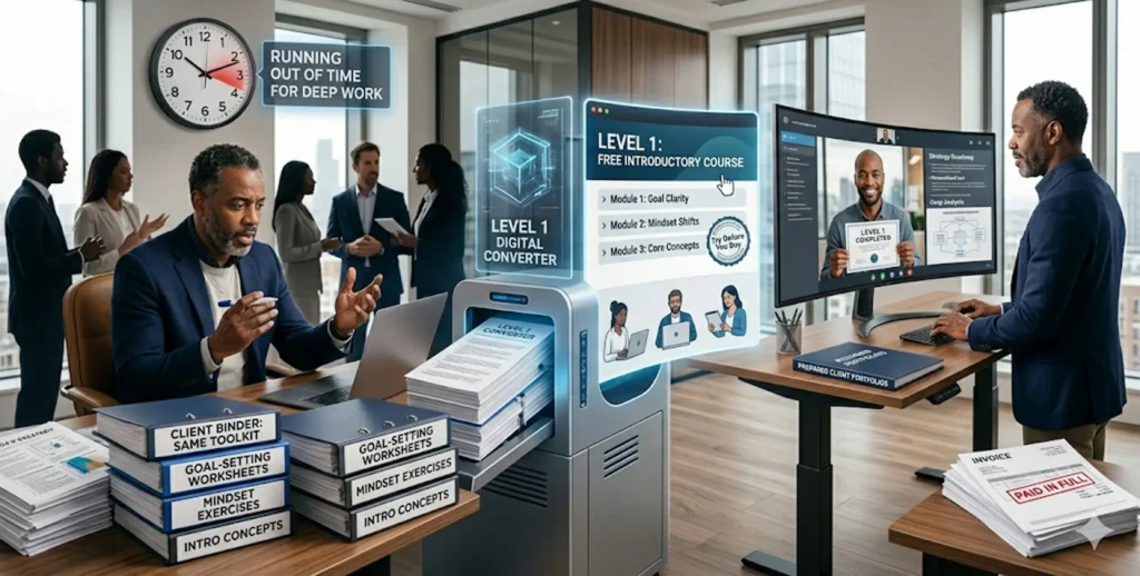 Businessman converting stacks of coaching binders into an automated online course.