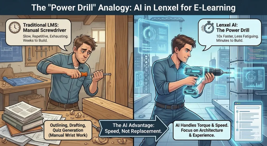 Infographic illustrating Lenxel's hybrid approach to e-learning, bridging the gap between the manual effort of traditional WordPress LMS platforms and the automated power of closed AI-first platforms.
