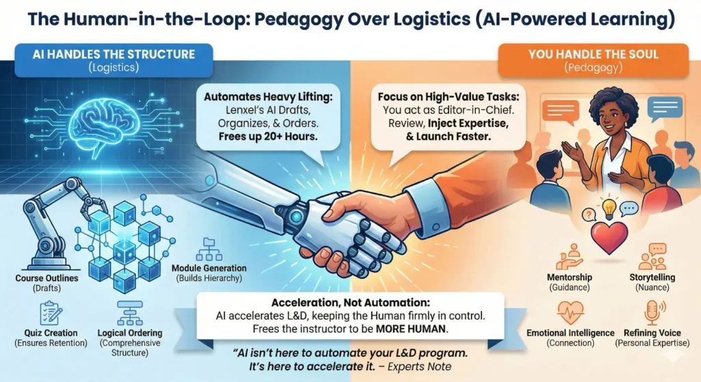 An infographic demonstrating the 'Human-in-the-Loop' philosophy in AI-powered learning. It shows a robotic hand and human hand shaking, illustrating how AI handles the logistics and structure of a course, freeing the human educator to focus on pedagogy and the 'soul' of teaching.